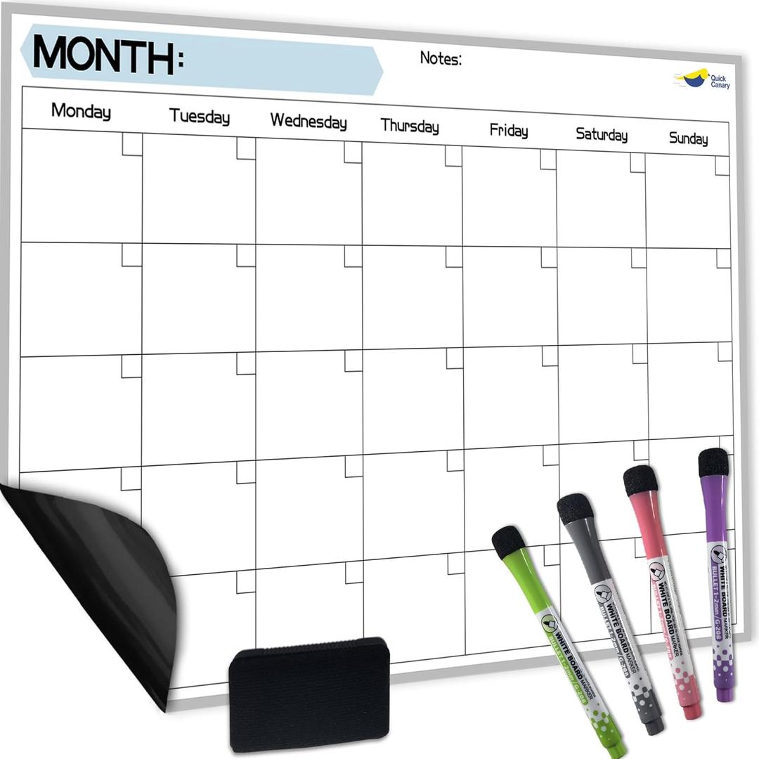 Monthly Magnetic Calendar for Refrigerator - 17x12 Dry Erase Fridge Calendar Magnet - Starts Monday, Organizes 2025 Schedules, Chores, Meals, More - Whiteboard with 4 Markers & Eraser by Quick Canary
