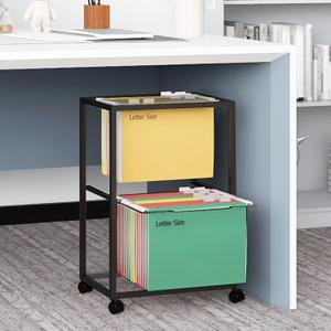 PUNCIA 2 Tiers Metal Rolling File Carts with Wheels Hanging Files for Letter Size Movable Pull-Out File Folder Rack Drawer File Cabinet for Home Office (Black)
