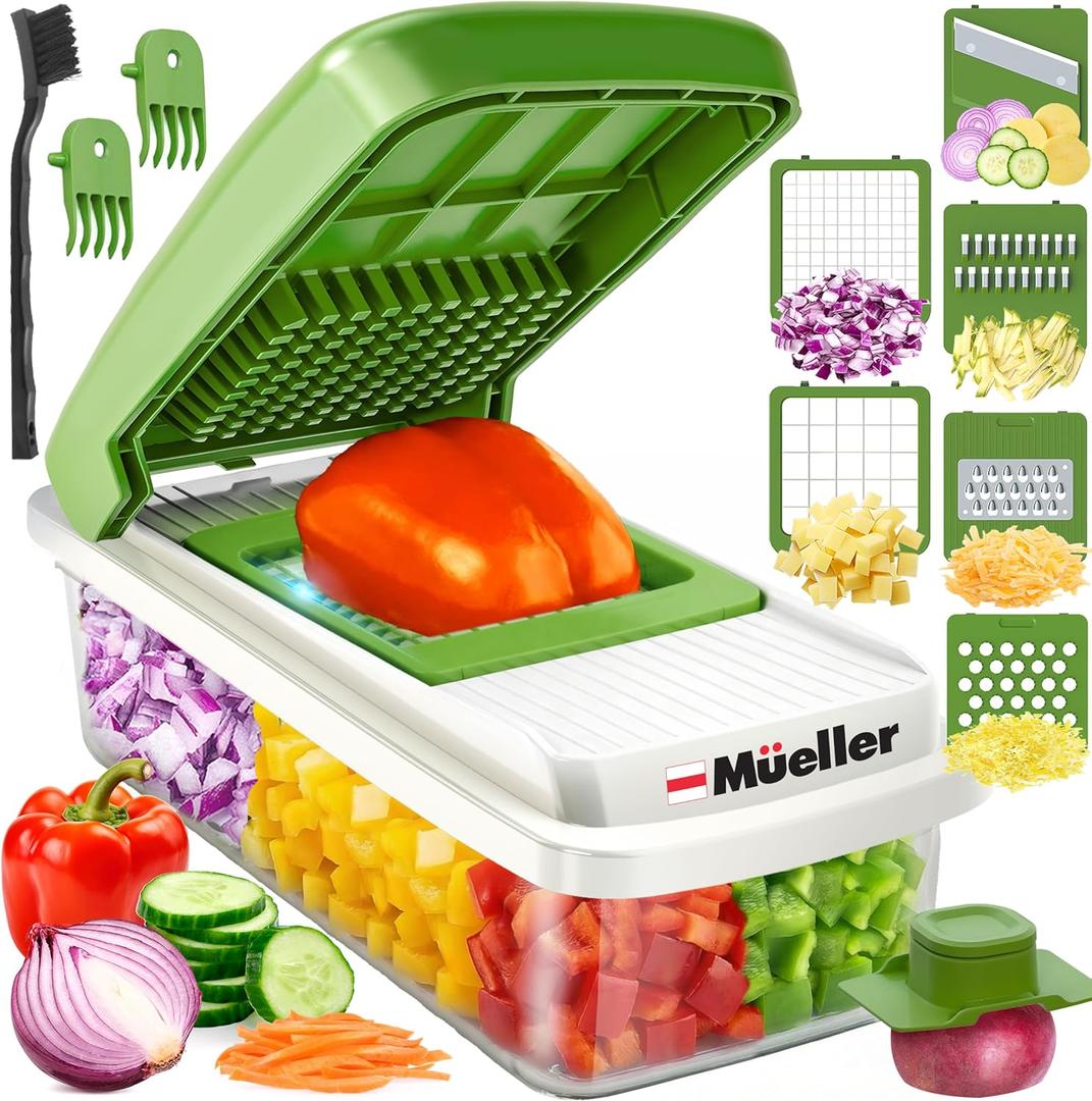 Mueller Vegetable Chopper, Mandoline Slicer, Food Veggie Chopper, Cheese Grater, Onion Vegetable Cutter with Container, Dicer, Kitchen Gadgets & Essentials, White Sand/Green (6 blade)