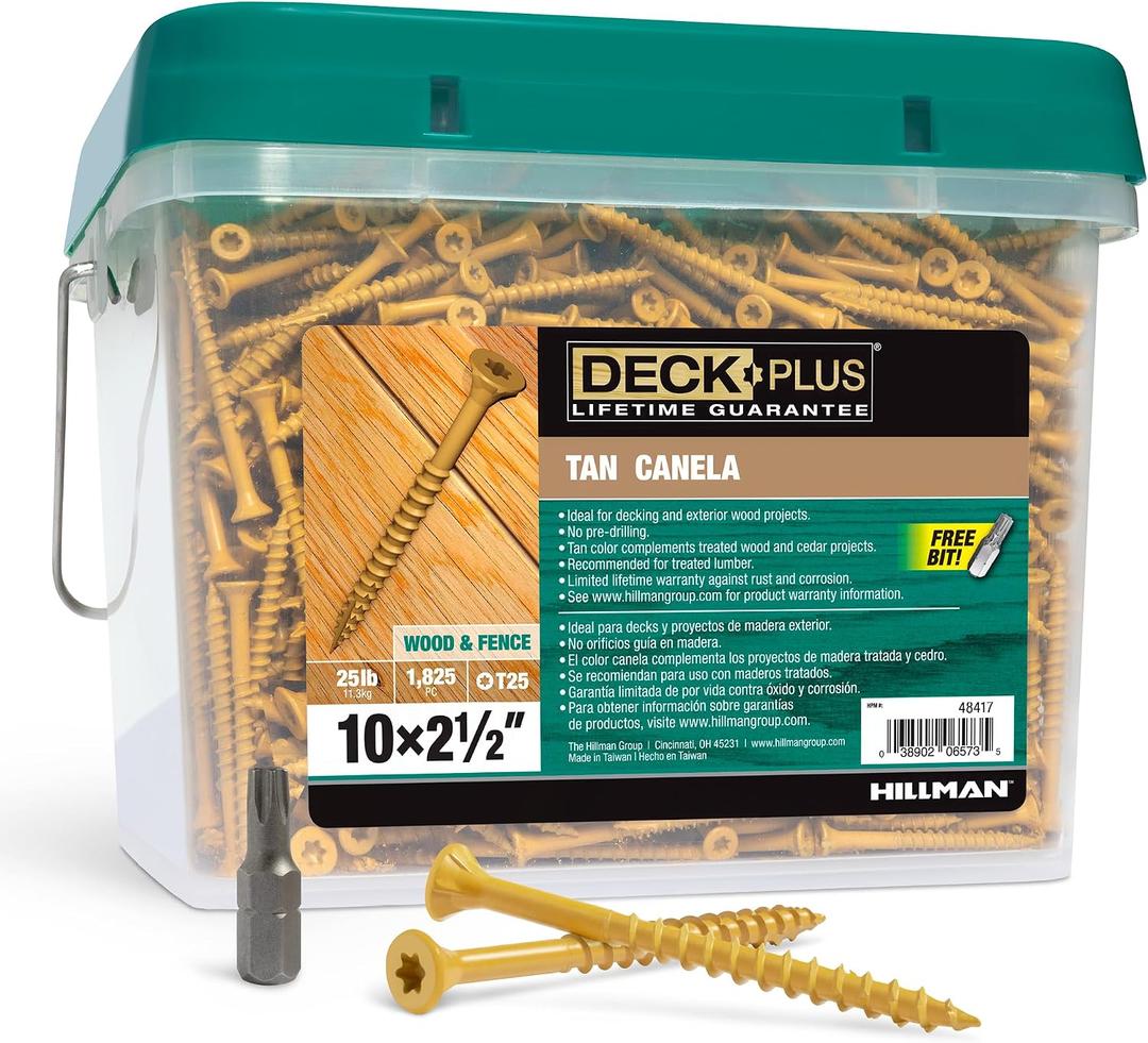 Deck Plus 2-1/2 Inch Epoxy Coated Exterior Wood and Fence Screws #10 x 2-1/2" Torx/Star Drive Included Coarse Thread, Outdoor Rust Resistant Decking Screw, Tan, 25lb Box, 1825 Pieces | 48417
