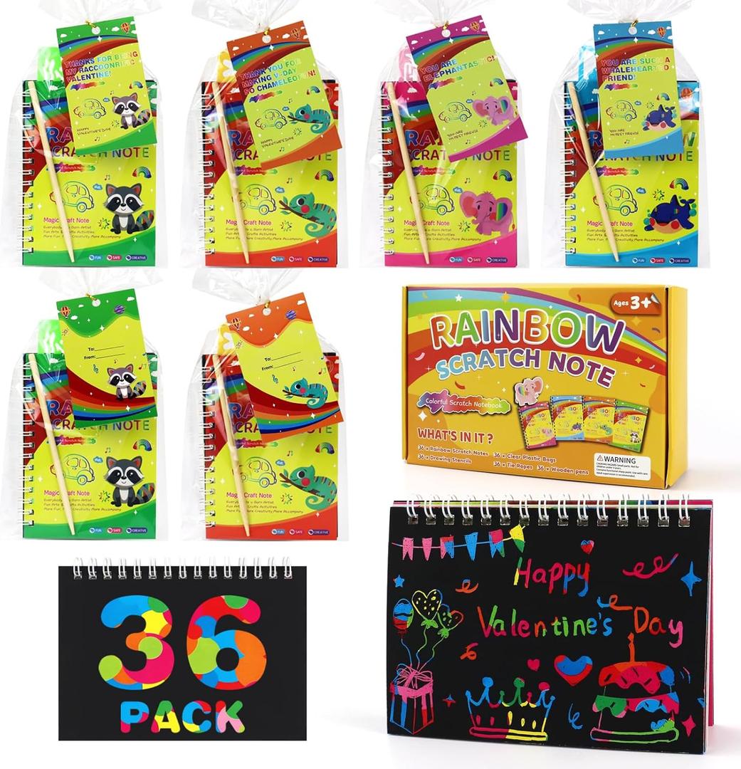36 Pack Party Favors for Kids Rainbow Scratch Art Notebook Goodie Bags Stuffers for Kids, Valentines Day Classroom Prizes for Girls Boys, Valentine's Day Gift Valentines Day Cards for Kids School