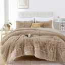 Smoofy Faux Fur Taupe Comforter Set Queen Size 3Pcs Fluffy Fuzzy Plush Comforter Set Cute Soft Shaggy Velvet Double-Sided Bedding Set (1 Faux Fur Comforter + 2 Pillowcases) (Khaki)