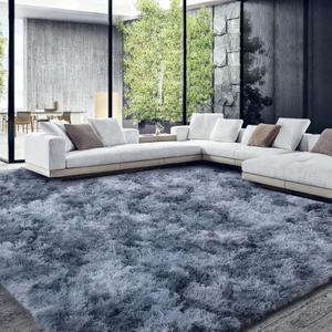 HOMBYS Shaggy Area Rug 10x14 Feet, Ultra Fuzzy Large Plush Faux Fur Carpet for Living Room Bedroom, Non-Skid Fuzzy Rug for Kids Playroom Home Decor, (Dark Grey Tie Dye)