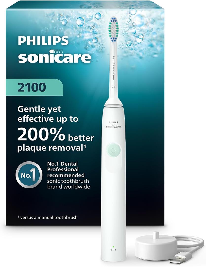 Philips Sonicare 2100 Series Electric Toothbrush - Sonic Toothbrush with Advanced Sonic Technology, Two Intensity Settings, Smartimer & Quadpacer, White, Model HX3661/04
