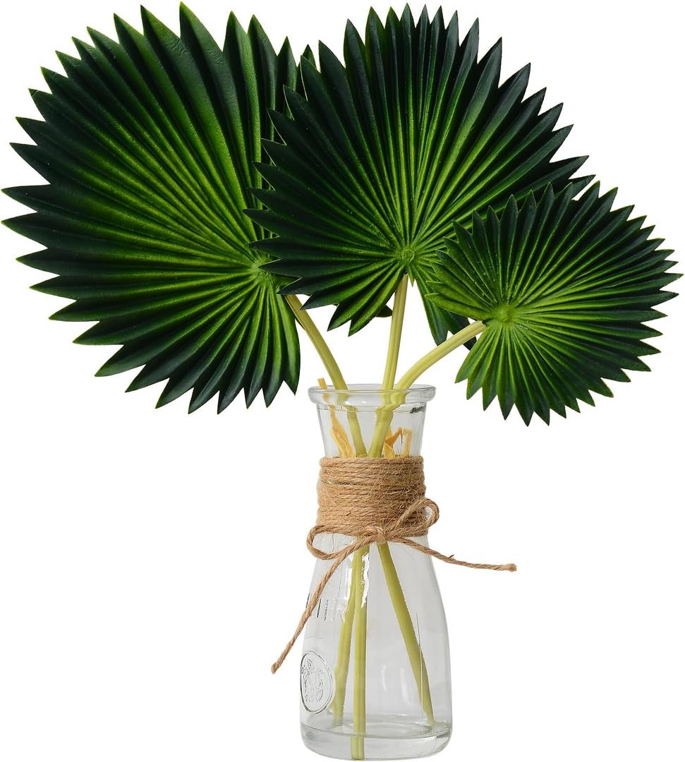 Artificial Palm Leaves in Glass Vase with Faux Water for Table Centerpieces, Fake Palm Stems and Leaves Greenery in Vase for Home Office Decor