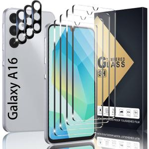 4+3 Pack Screen Protector Compatible with Galaxy A16, 4 Tempered Glass with 3 Camera Lens Protectors, High Clarity, Anti-Shatter, Bubble Free, Scratch Resistant
