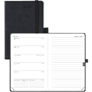POPRUN Weekly Planner 2026 Pocket Size Calendar (4" x 6.25") 12 Months Notebook with Horizontal Layout, Leather Soft Cover, Inner Pocket, 100GSM Thick Paper, Pen Holder - Black
