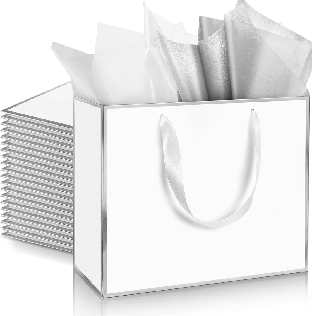 ReliThick 12 Pack Metallic Paper Gift Bag with Handles and Tissue Paper 11.8 x 10 x 4'' Thank You Favor Bag for Valentine's Day Wedding Bridesmaid Groomsman 5 Senses Gifts (White, Silver)