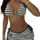 WDIRARA Women's Striped 3 Piece Bikini Set Halter String Swimsuit with Cover Up Skirt (Medium, Black and White)