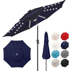 FLAME&SHADE 2 Tiers 9ft Solar Light Patio Umbrella, 40 LED lights outdoor umbrella with Centre Surround Light, Table Market Umbrella for Deck, Pool, Porch, Backyard, Garden (Navy Blue)