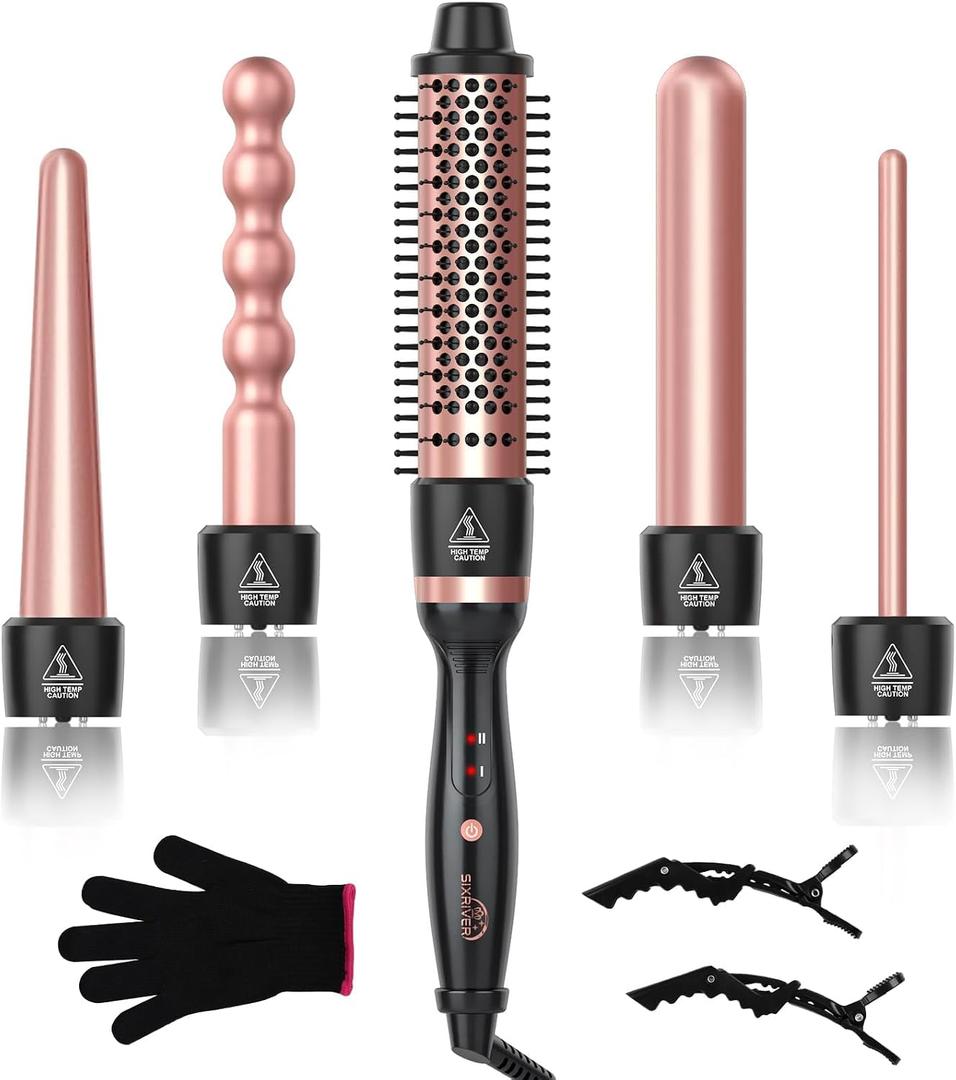 5 in 1 Curling Wand Set, Sixriver Hair Curling Iron with Curling Thermal Brush&4 Interchangeable Ceramic Curling Wand(0.4-1.25), Long Lasting Curls, Fast Heating Hair Wand Curler with Glove&2 Clips