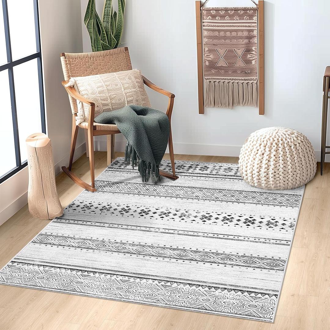 BESTSWEETIE 3x5 Area Rugs for Living Room Washable Moroccan Farmhouse Neutral Geometric Low Pile Non-Slip Soft Print Pattern Rug for Bedroom Kitchen Dining Room Entryway Grey/Black/Navy