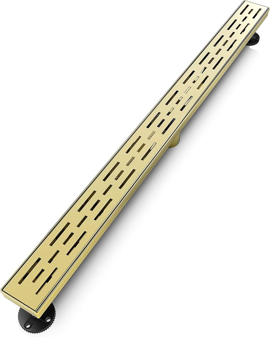 WEBANG 36 Inch Linear Shower Drain Rectangular Floor Drain with Accessories Rainline Pattern Cover Grate Removable SUS304 Stainless Steel CUPC Certified Brushed Gold