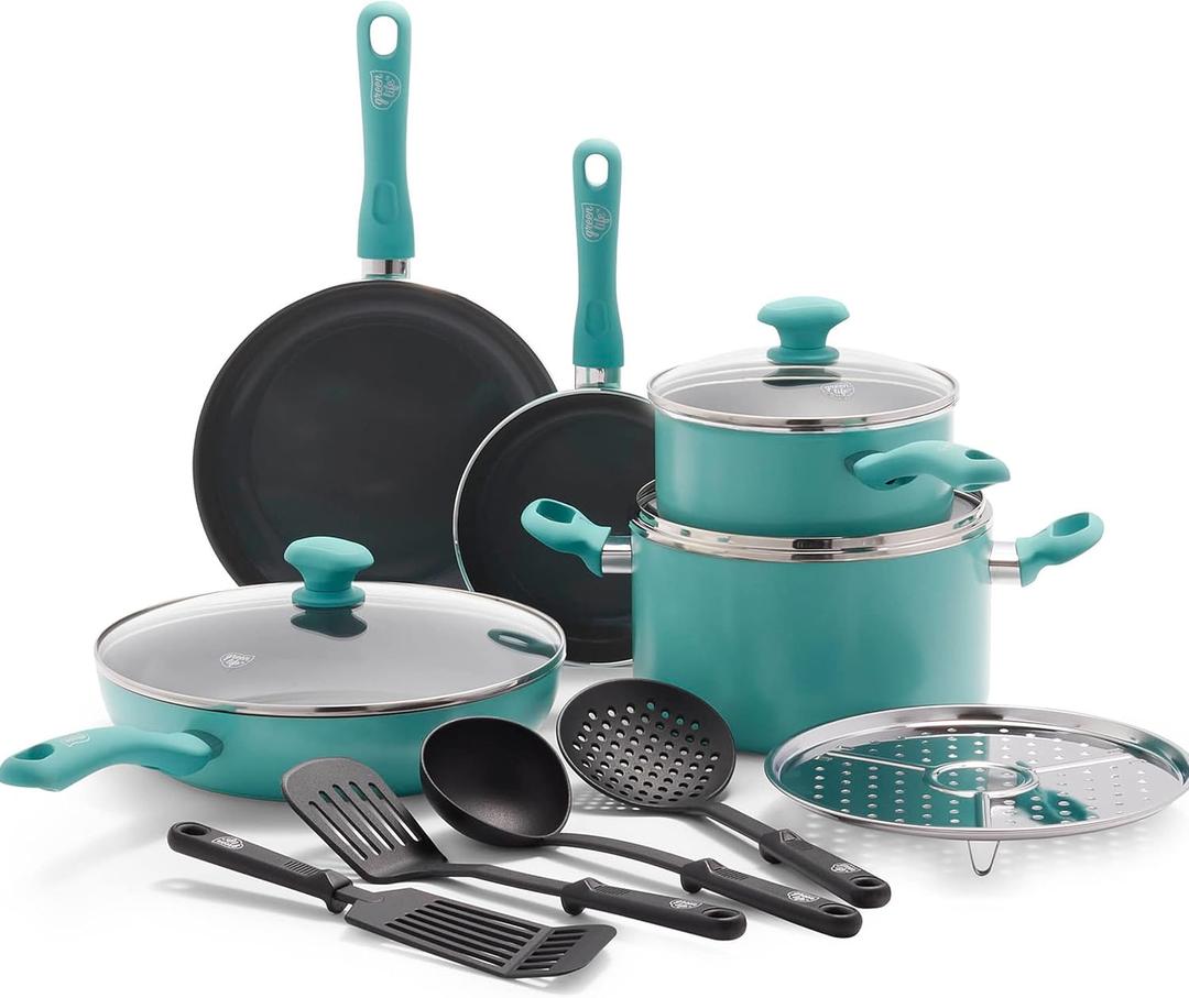 GreenLife Soft Grip Diamond Healthy Ceramic Nonstick 13 Piece Cookware Pots and Pans Set, PFAS-Free, Dishwasher Safe, Turquoise, Diamond Cookware