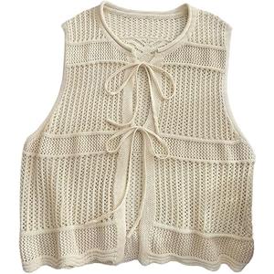 GORGLITTER Women's Plus Size Crochet Tops Tie Front Boho Sleeveless Lightweight Cardigan Vest Size 0XL