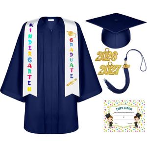 Lasnten Matte Kindergarten Graduation Gown Cap Tassel Set with 2026/2027 Charm Stole Accessories for Kids Grad Gift (Blue, M)