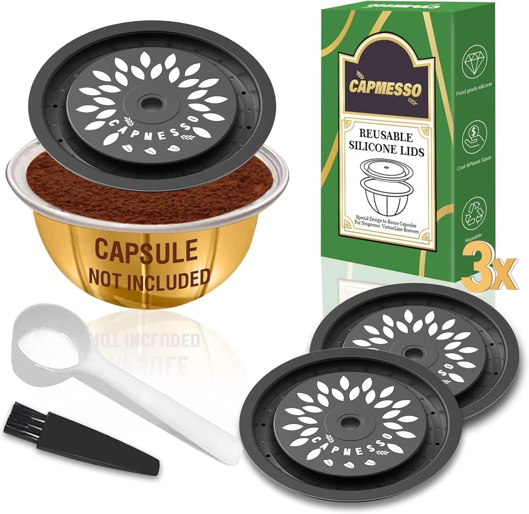 CAPMESSO Reusable Coffee Capsule Lids for Reusable Nespresso Pods Vertuoline, Food Grade Silicone Caps for Every Sizes of Refillable Vertuoline Pods with Scoop and Brush(3PCS Silicone Caps-NO PODS)