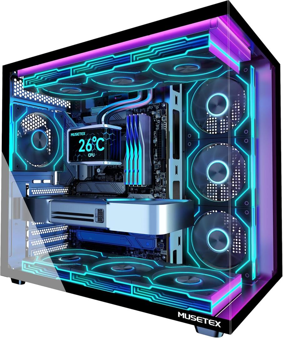 MUSETEX Y6 PC Case, Pre-Installed 7 Infinity Mirror PWM ARGB Fans, ATX Mid Tower Computer Case, Gaming PC Case with Type-C, 270 Full View Tempered Glass, Black