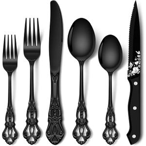 Stapava 48 Pcs Black Silverware Set with Steak Knives, Gorgeous Retro Royal Silverware Set for 8, Stainless Steel Mirror Flatware Cutlery Set, Include Forks Spoons and Knives set, Dishwasher Safe