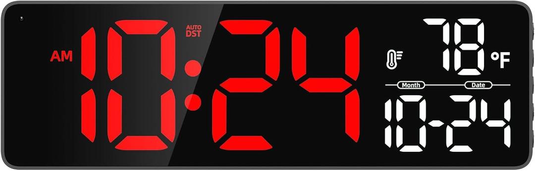 Large LED Digital Wall Clock with Date, Temperature, Auto-Brightness, Auto-DST | Big Digital Clock for Bedroom, Desk, Classroom, Living Room, Kitchen, Office, Gym, Farmhouse, Xmas Gift for Seniors (Red)