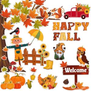 HOWAF 112 PCS Happy Fall Tree Bulletin Board Decoration, Fall Autumn Paper Cutouts Bulletin Board Stickers with Glue for Thanksgiving Classroom Party Supplies Pumpkins Maple Leaves Cutouts Stickers