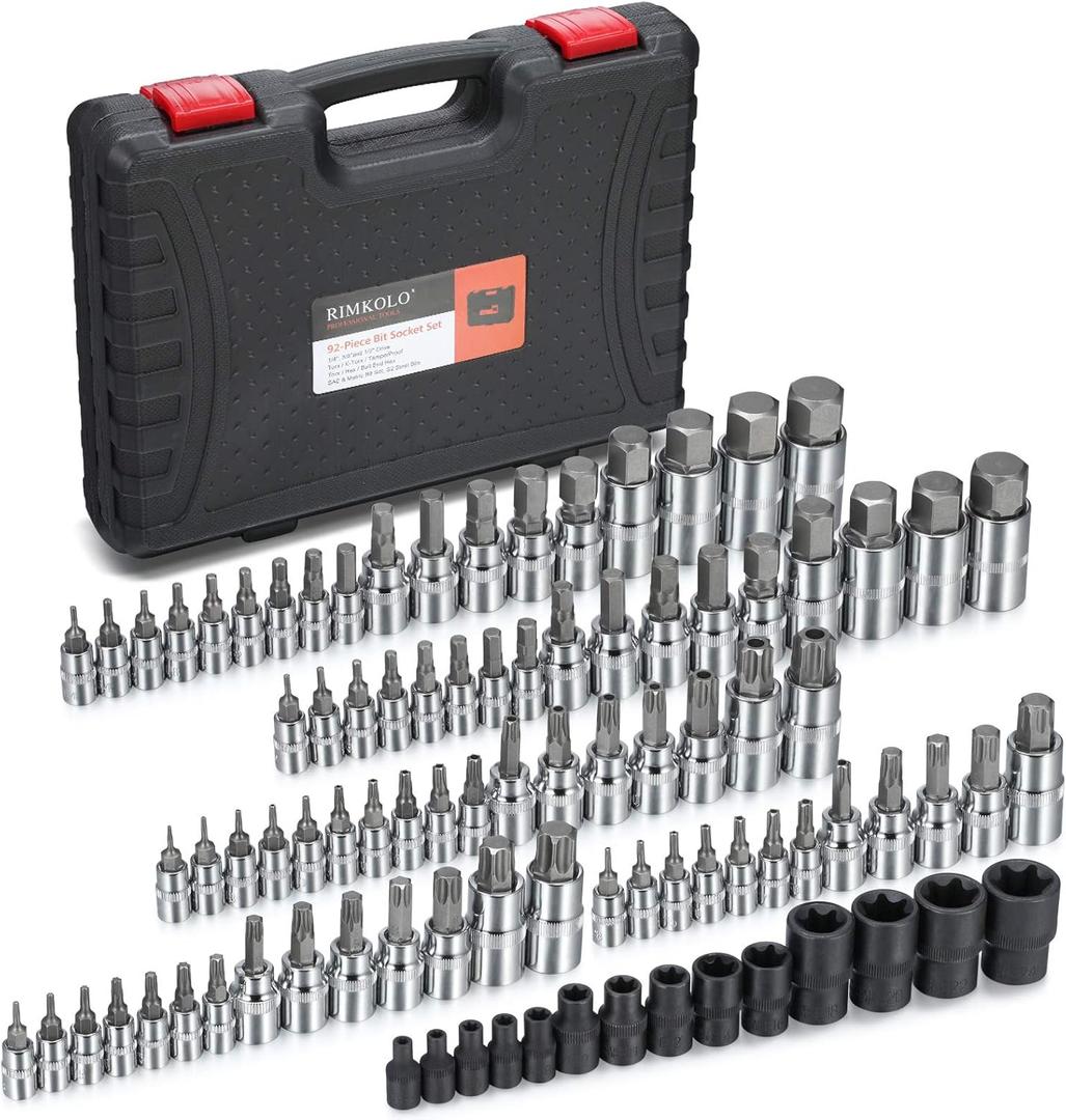 92-Piece Allen and Torx Bit Socket Set, 1/4" 3/8" and 1/2" Drive Tamper Proof Torx/Hex SAE & Metric Bit Set