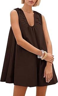 Women's Summer Babydoll Dress Scoop Neck Bubble Mini Dress with Pockets Sleeveless Flowy Tank Preppy Dresses Party, Medium