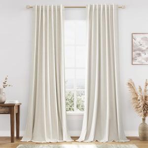Guken Cream 100% Blackout Linen Curtains 102 Inch Length 2 Panels Set for Living Room Bedroom Back Tab/Rod Pocket Thermal Insulated Black Out Drapes Room Darkening Farmhosue Window Curtains