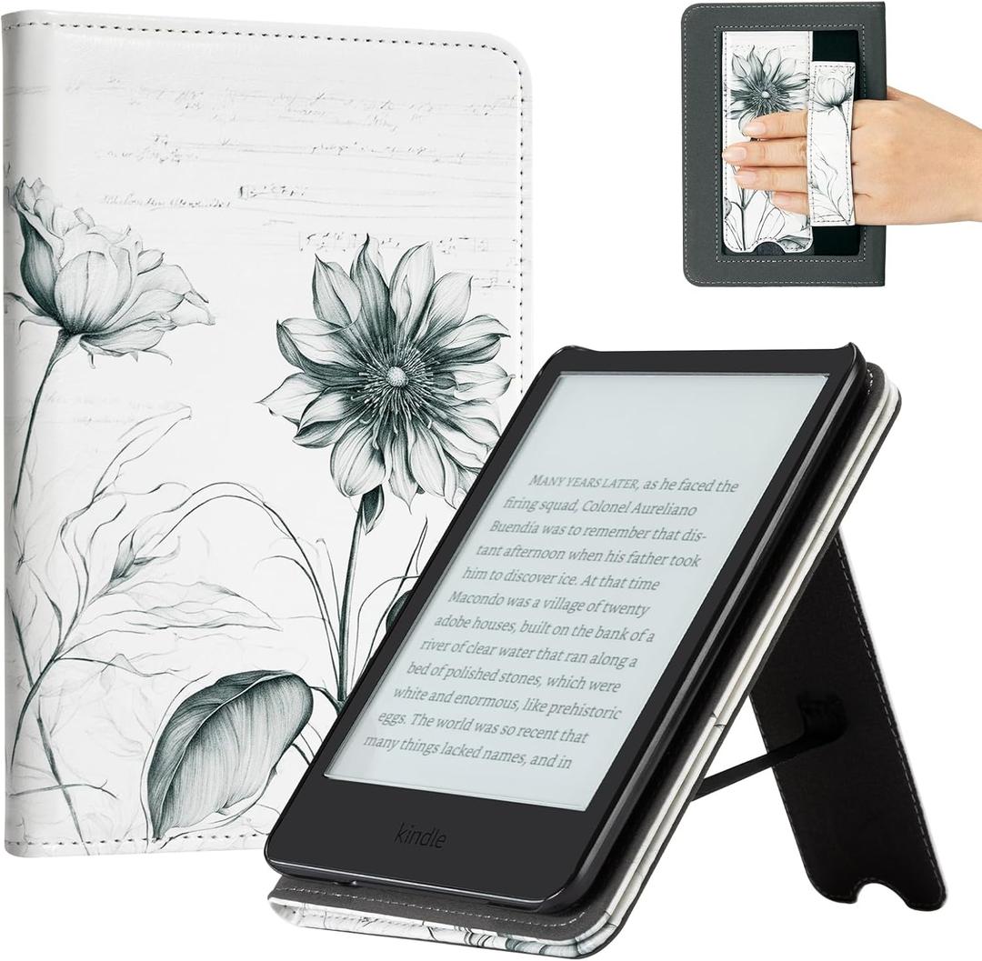 CoBak Case with Stand for for 6" Kindle (2024 & 2022, 11th Gen)  PU Leather Smart Cover with Auto Sleep/Wake & Hand Strap, Premium Protective Case for Kindle Basic (Sketch Sunflower)