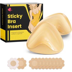 Double Sided Sticky Bra Push Up, Invisible Bra Pad Inserts for Large Breasts, Adhesive Bra for Bikini Swimsuit (Beige, Medium)