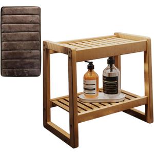 Wooden Shower Bench Seat with Shelf & Handle, Non-Slip Bath Stool with Soft Cushion, 220lbs Portable Entryway Shoe Bench, For Adults, Elderly, Disabled, Waterproof & Easy to Assemble (Bamboo color)