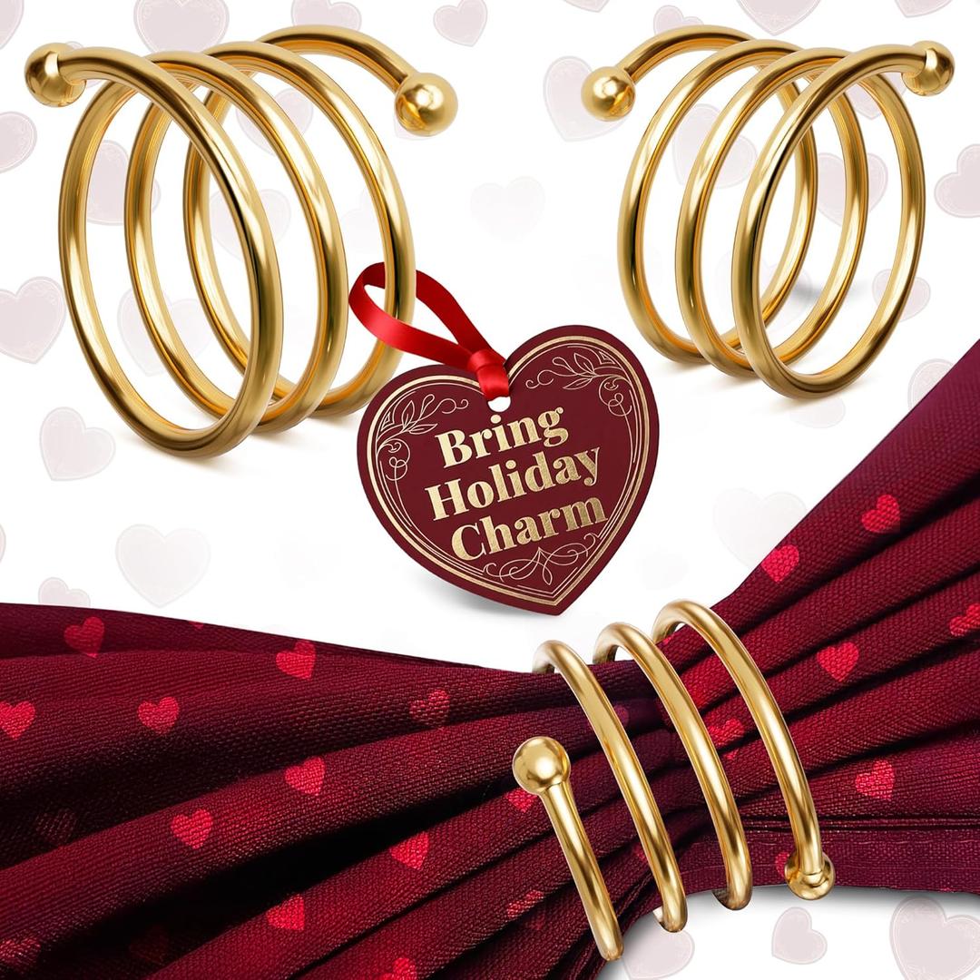 Gold Napkin Rings Set of 8 - Valentine Napkin Rings with Elegant Spiral Design | Durable Metal & Shiny Gold Finish | Great for Weddings, Holidays & Everyday Use | Romantic Valentine Table Decoration