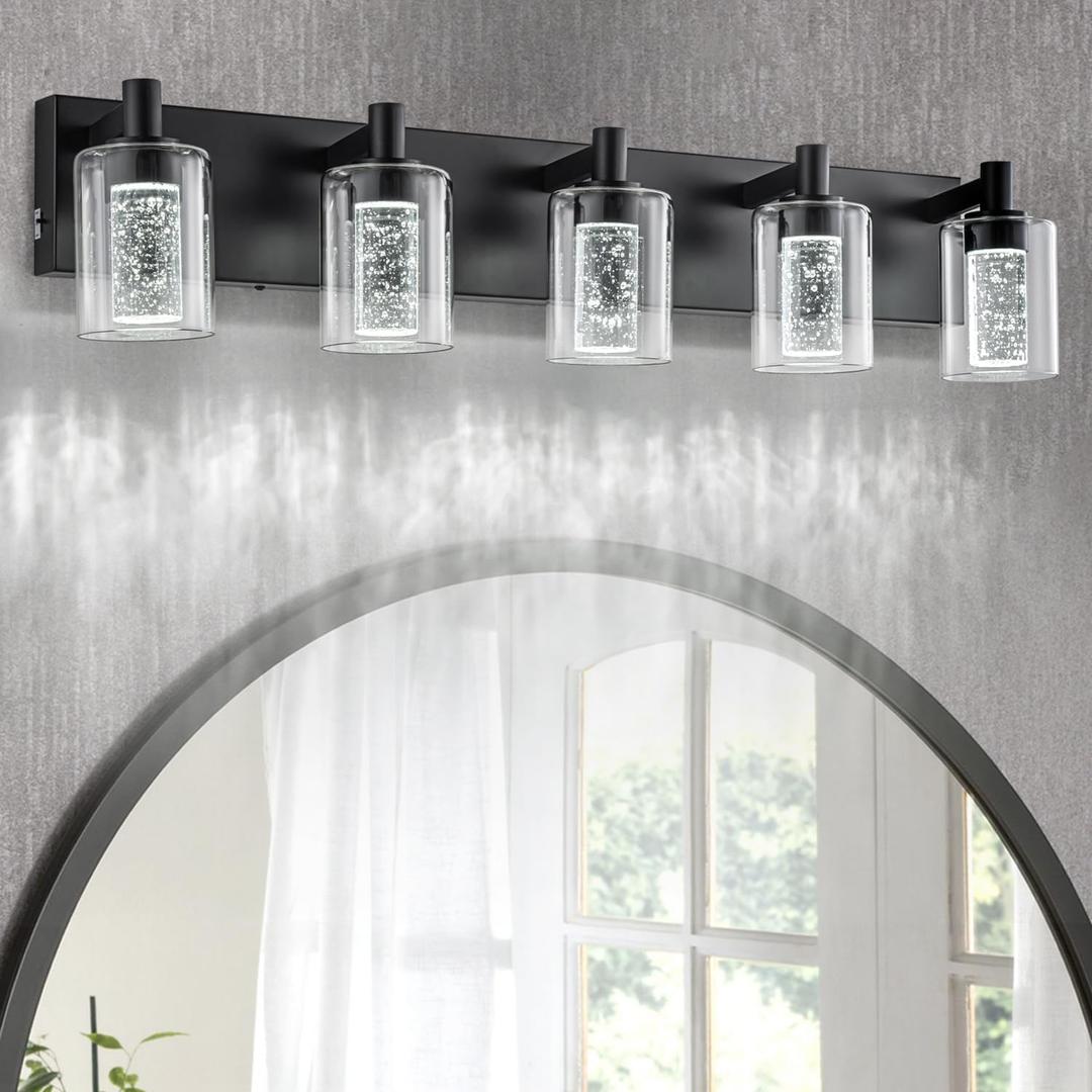 SineRise Vanity Light with 3 Color Modes (3000K/4000K/6000K), Eye Protection LED Bathroom Light Fixture, Dimmable Modern Wall Light Over Mirror with Clear Glass Shade (Black, 5-Light)