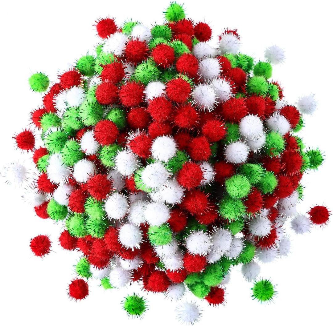 Hestya 500 Pieces 0.5 Inch Sparkly Christmas Pompoms Dazzling Fluffy Pom Poms Balls Small Glitter Felt Pompoms for Craft DIY Home Decorations Hobby Supplies(White, Light Green, Red)