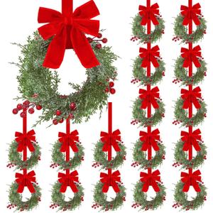 18 Pcs Small Christmas Wreaths Real Touch 9.8 Inch Mini Kitchen Cabinet Wreaths with Bow Ribbon, Artificial Cedar Greenery & Berries for Xmas Front Door Window Fireplace Farmhouse Holiday Decoration