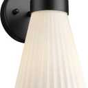 Indoor Wall Light Fixture, HWH Modern Wall Sconce Vanity Light with Frosted White Striped Glass Shade, Matte Black Single Wall Sconce for Bathroom Bedroom, 5HZG97B BK