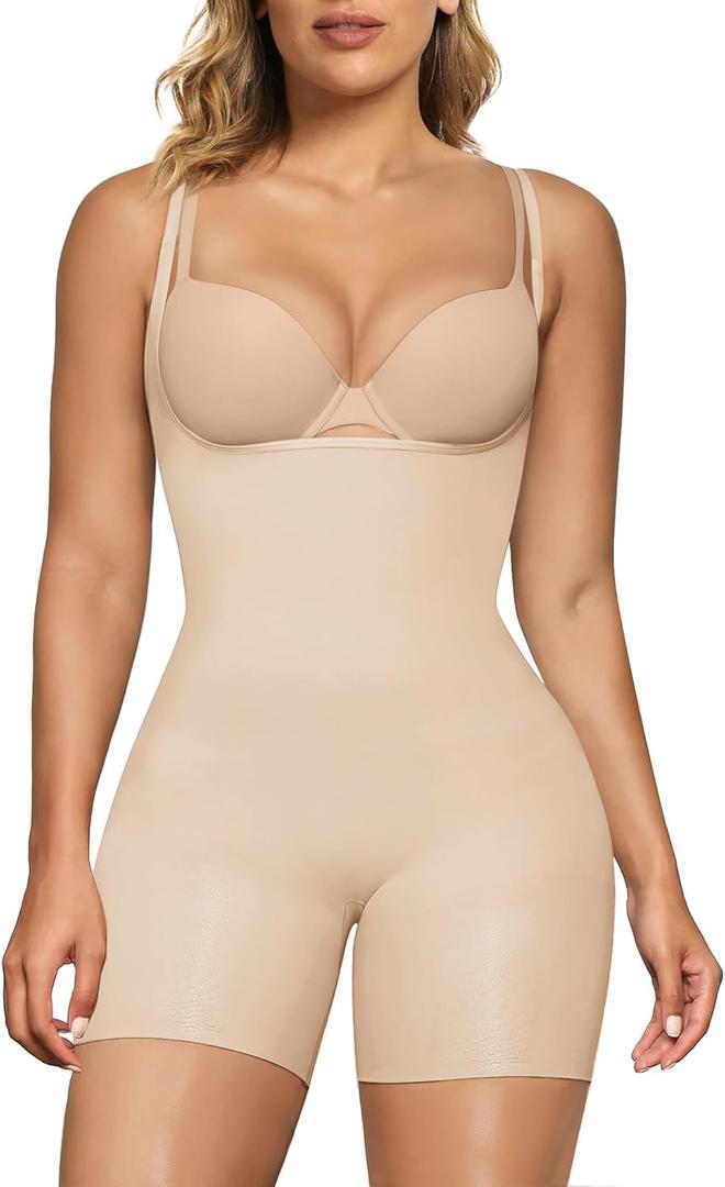 SHAPERX Open Bust Shapewear Tummy Control Bodysuits for Women Seamless Compression High Waisted Body Shaper (XX-Small-X-Small, Beige(shorts))