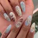 Summer Ocean Press on Nails Almond Medium Fake Nails with 3D Shells Starfish Pearl Flowers Designs Acrylic Artificial Nails Light Blue False Nails Hawaiian Beach Vacation Glue on Nails for Women 24Pcs (style18)