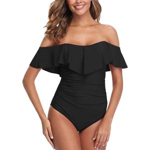 Womens Retro One Piece Bathing Suit Tummy Control Off Shoulder Swimsuit Flounce Ruffled Monokini Full Coverage L 