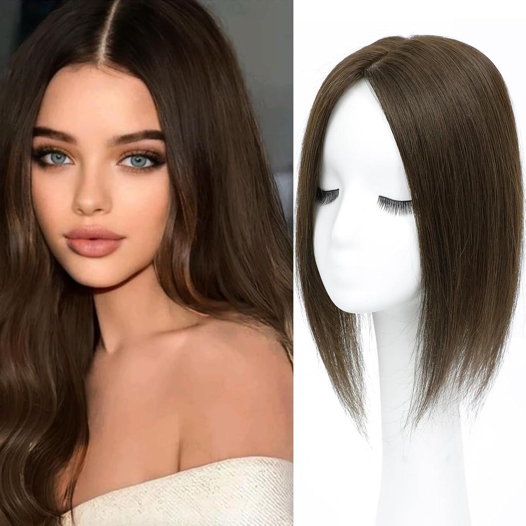 Hair Toppers for Women Real Human Hair, 360 3D Human Hair Toppers for Women with Thinning Hair Upgrade Middle Part Clip in Bangs (Medium Brown, 14 Inch-3D-Side)