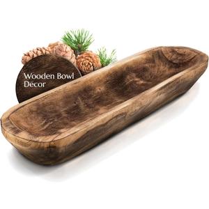 FANDOS Wooden Dough Bowl for Decor - 17 in Long Hand Carved Paulownia, Large Rustic Decorative Bowl for Home Table Centerpiece, Keys, Entryway Table, Catchall Tray & Wooden Dining Room Centerpiece