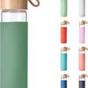 20 Oz Borosilicate Glass Water Bottle with Bamboo Lid and Silicone Sleeve  Reusable BPA Free Drinking Bottle with Lids - Cute Bottle for Women - Glass Shaker Bottle (Olive)