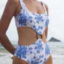 BERLOOK O-Ring Cut Out One-Piece Swimsuit Sexy Floral U Neck Bathing Suit (White, L)