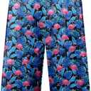 FT FENTENG Mens Swim Trunks Quick Dry Board Shorts with Mesh Lining, Breathable Surf Beach Shorts Swimwear Bathing Suits (Medium, Blue Leaf Flamingo-1)