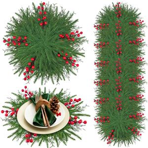 Christmas Pine Placemats Set of 6, Round Artificial Greenery Place Mats Cedar Branch Dining Table Mats with Red Berries for Holiday Table Decorations Kitchen Accessories