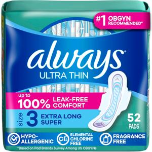 Always Ultra Thin Feminine Pads with Wings for Women, Size 3, Extra Long Super Absorbency, Unscented, Up to 100% Leak-Free Protection, 52 Count