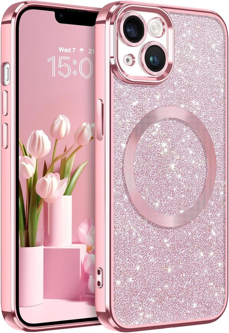 DOMAVER for iPhone 14 Case with Magnetic [Compatible with MagSafe] Luxury Clear Glitter Bling Shockproof Protective Cover Full Camera Lens Protector Women Girls- Pink