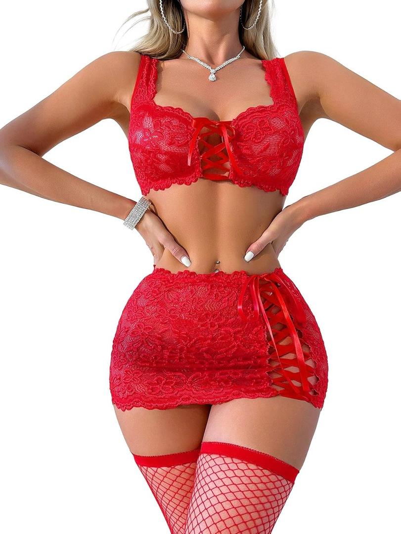 Sexy Floral Lace Bodycon Underwire Stocking Lingerie Set 4 Piece (Red)
