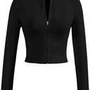 SOLY HUX Women's Full Zip Workout Running Crop Tops Athletic Jacket Long Sleeve Yoga Cropped Tee Shirts Dark Blue Large