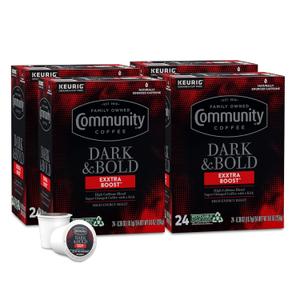 Community Coffee Dark & Bold Exxtra Boost 24 Count Coffee Pods, Compatible with Keurig 2.0 K-Cup Brewers, Pack Of 4